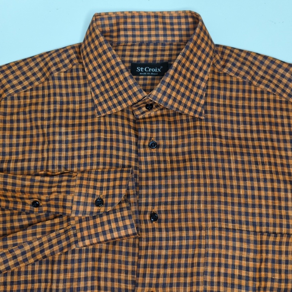 St Croix 100% Linen Long Sleeve Mens Button Up Shirt Gingham Check Made in Italy